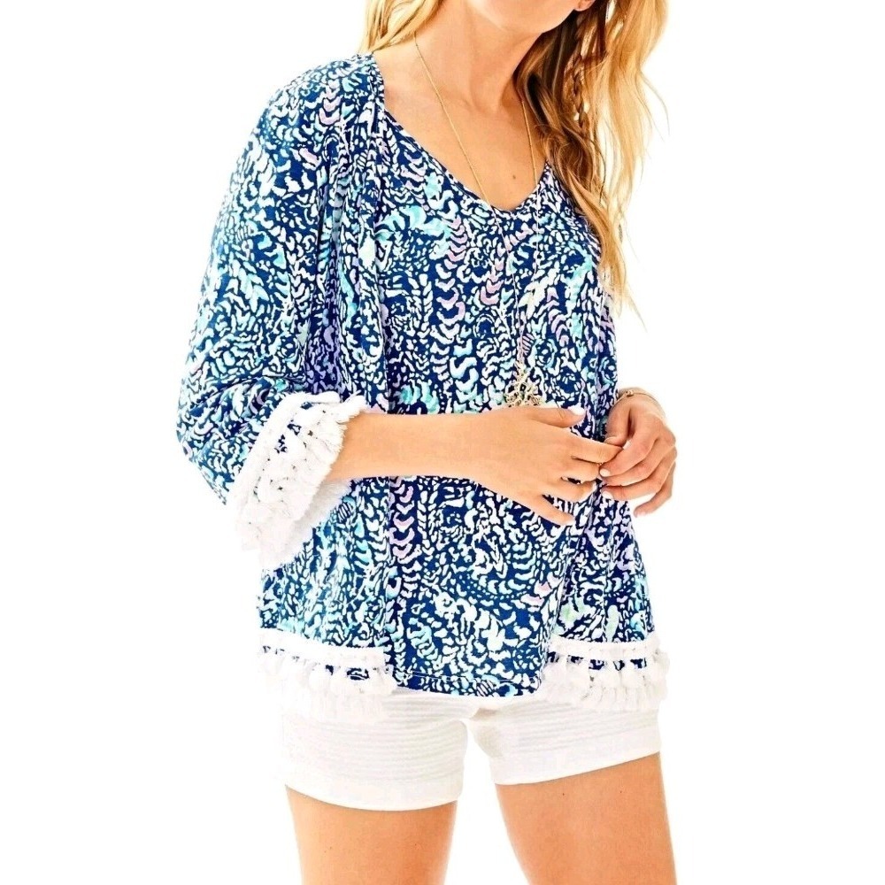 Lilly Pulitzer Gigi Open Cardigan Tunic Cover Size S Tassled Resortwear Beach
